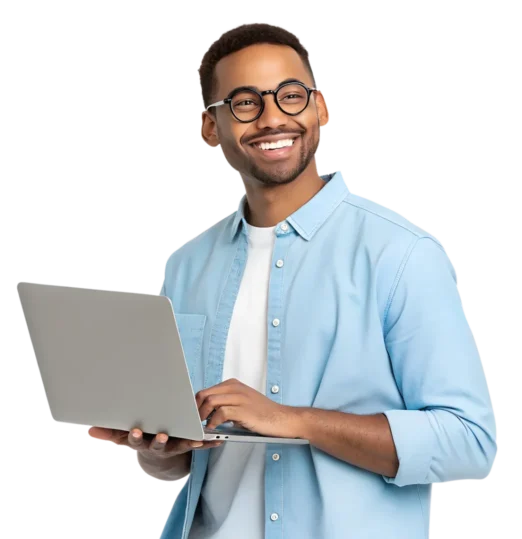 Professional holding laptop in office.
